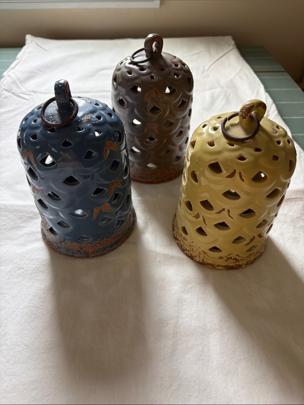 Rustic Ceramic Lantern Set in Blue, Brown & Yellow